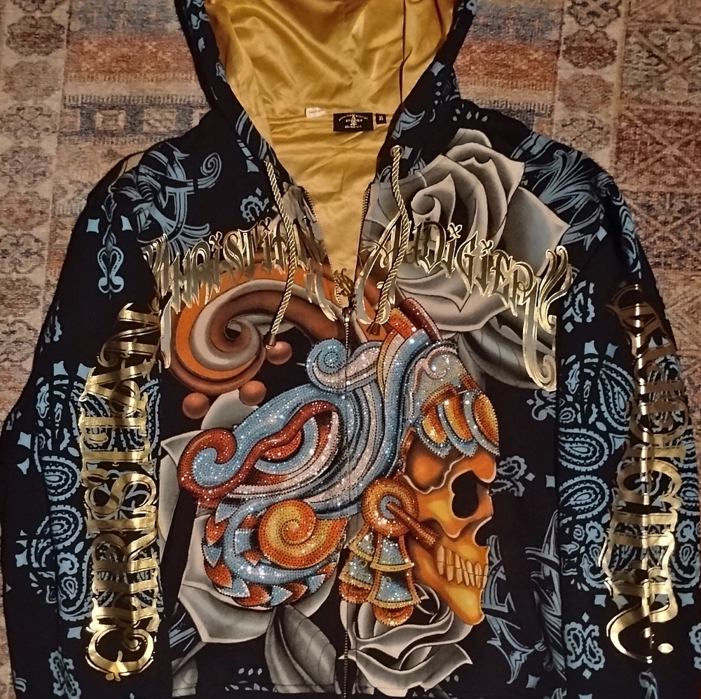 Christian Audigier Black and Gold Graphic Hoodie